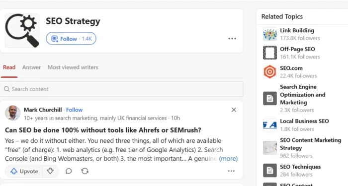 A post on the SEO strategy section of Quora.