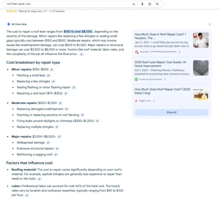 AI overviews for roofing services.
