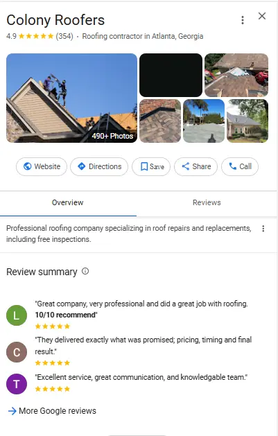 A Google Business Profile for a roofing company.