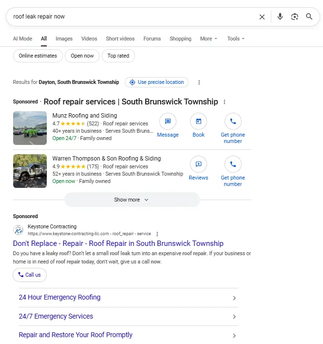 A local search for roof leak repair now.