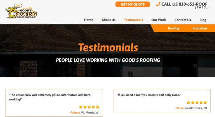 Testimonials on a roofing website.