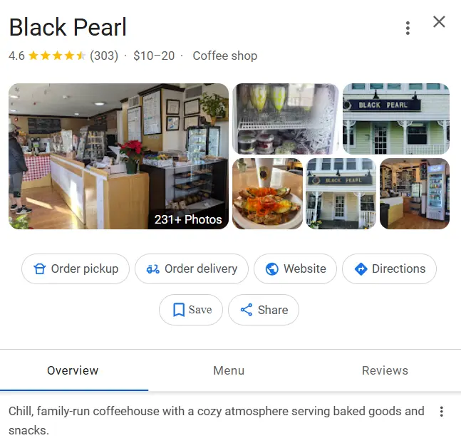 Dynamic SEO Pro The Google Business profile for the Black Pearl Coffee shop.
