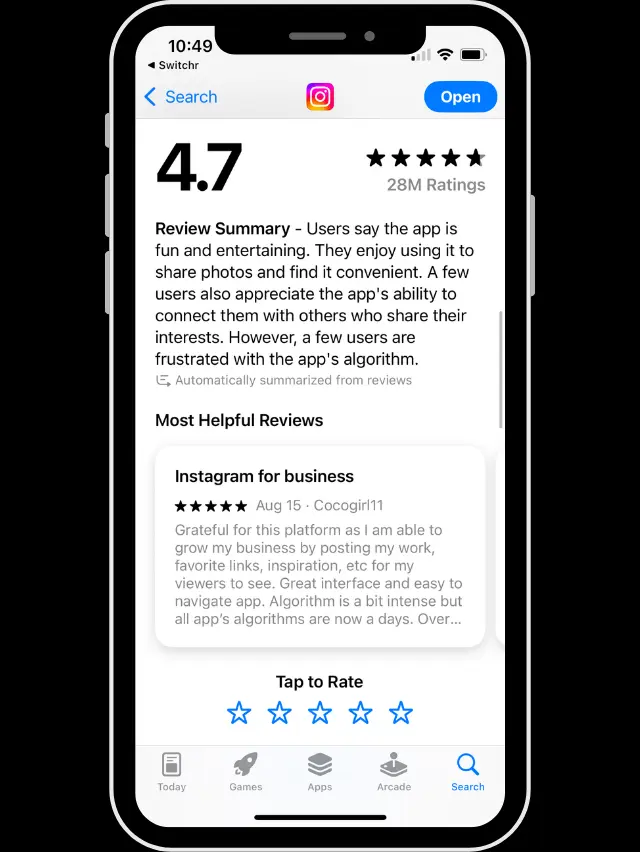 celular aberto mostrando um app com uma boa avaliação