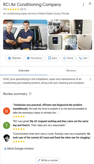 A Google Business Profile from an HVAC company.
