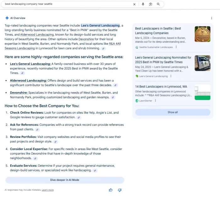 An AI Overview for landscaping companies near Seattle.