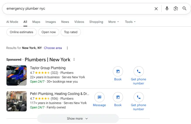 Sponsored listings for “Emergency Plumber NYC.”