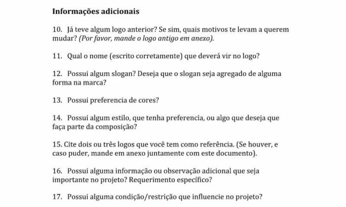 Parte do modelo de briefing da des1gnon com seção de informações adicionais, reunindo perguntas sobre logotipo, slogan, cores e referências visuais para alinhar o projeto à identidade da marca