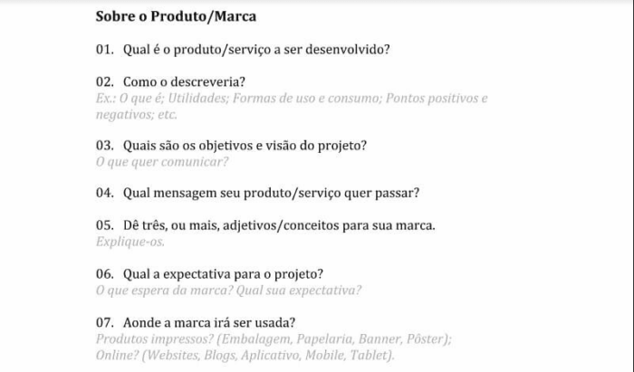 Exemplo de modelo de briefing da des1gnon com perguntas sobre o produto e a marca, incluindo campos para descrever o serviço, definir objetivos, mensagem principal e expectativa do cliente