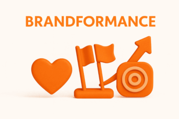 Capa ilustrativa em tons de laranja com ícones de coração, bandeiras e alvo representando o conceito de brandformance, a união entre branding e performance para gerar resultados mensuráveis.