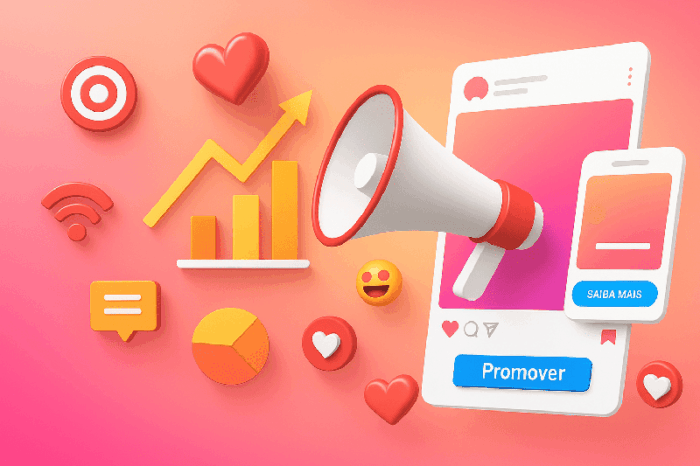  Fundo rosado com emojis associados a rede social do Instagram como coração, curtida, rosto sorrindo e comentários. Há também uma representação de imagem publicação na rede social e um megafone
