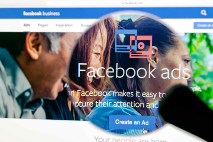 Imagem ilustrativa de pessoas sorrindo e escrito dacebook ads no centro
