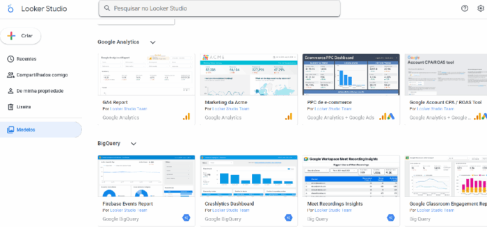 Tela inicial do Looker Studio com modelos de relatórios prontos do Google Analytics e BigQuery.