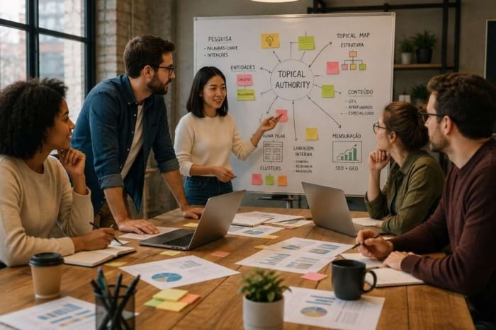 Equipe de marketing planejando uma estratégia de Topical Authority para SEO e GEO.