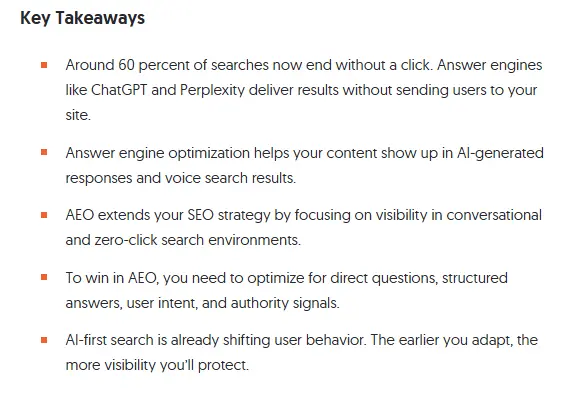 An example of Key Takeaways for AEO structure optimzation.