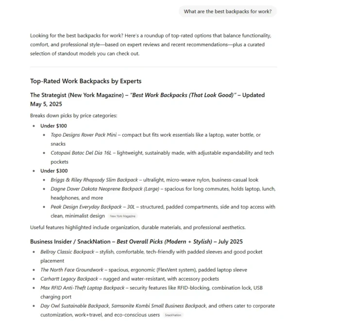 A ChatGPT answer for "What are the best backpacks for work?"