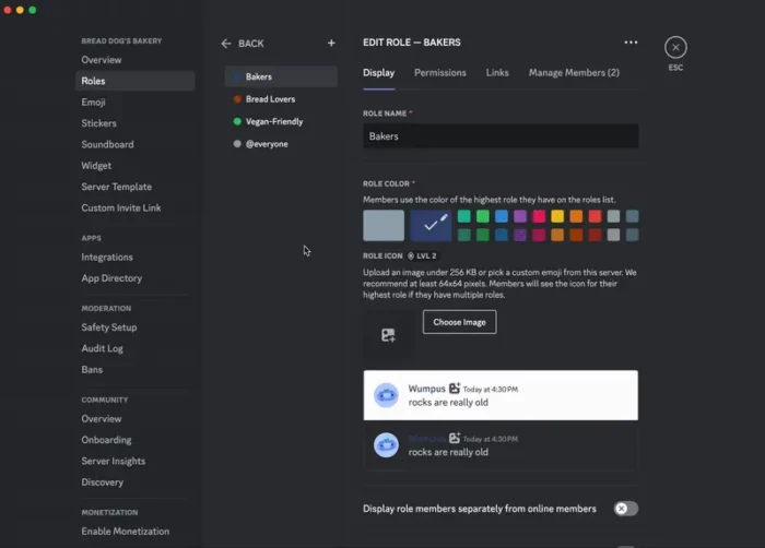 Editing roles on Discord.