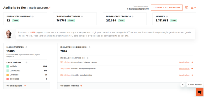 Resultado da ferramento seo analyzer