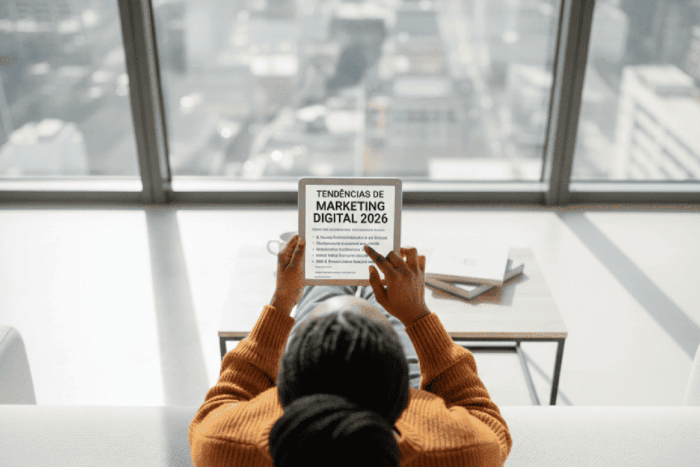 Uma mulher estudando tendências do marketing digital