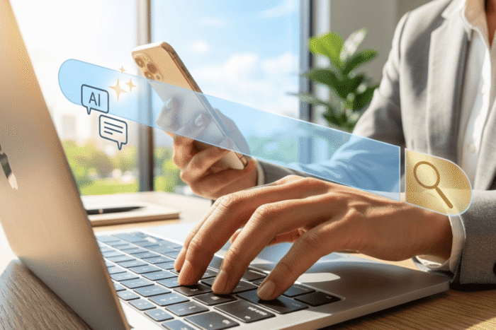 uma pessoa utilizando navegador com ia com um notbook na mão