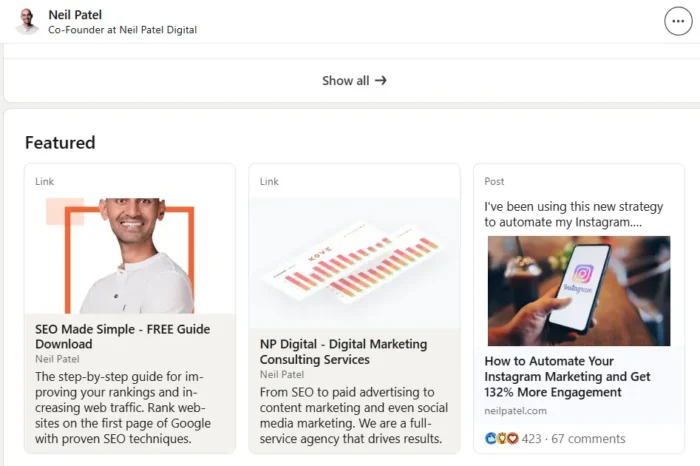 Content on Neil Patel's Linkedin profile.