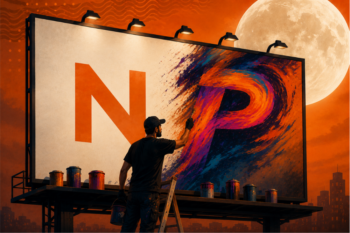 Ilustração de rebranding mostra artista pintando logo da Neil Patel em outdoor com visual moderno e vibrante.