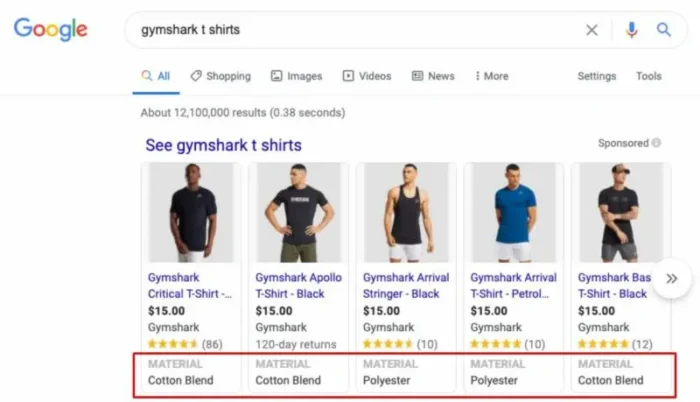 Google results for gymshark tshirts.