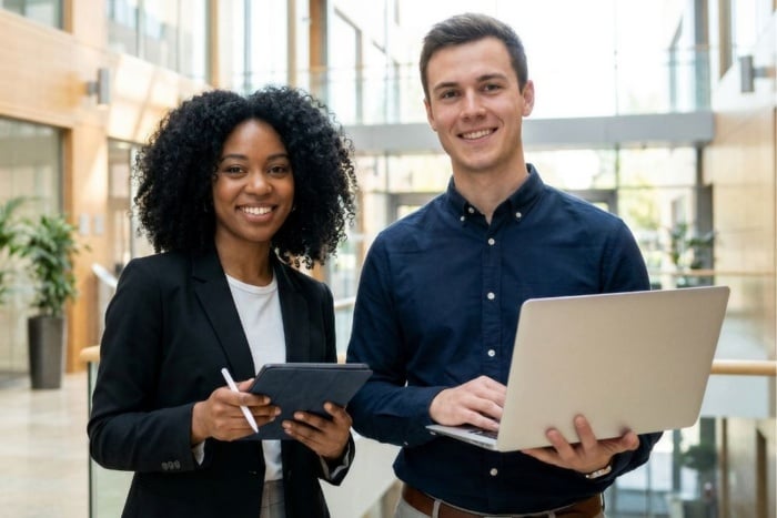 Heads de marketing de uma empresa, com notebook e laptop.
