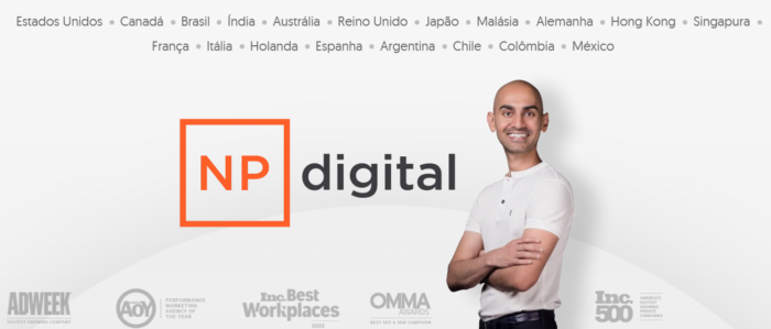Foto do Neil, logo da NP digital e países em que há operação da agência