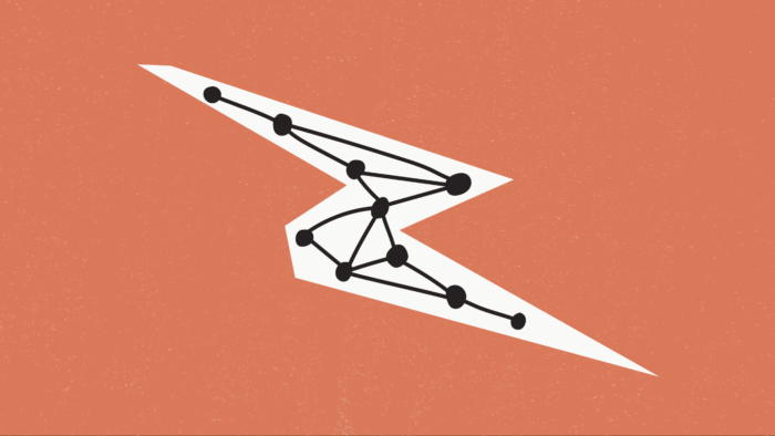 Ilustração minimalista de um avião de papel branco sobre fundo laranja, com pontos e linhas pretas formando uma rede neural no interior do avião.