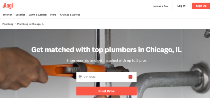 An Angi landing page dedicated to Chicago plumbers.