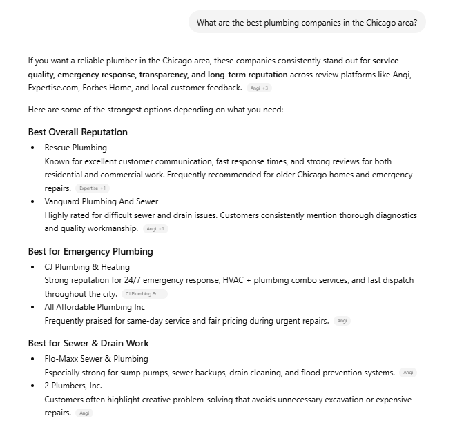 A ChatGPT query about the best plumbing companies in the Chicago area.