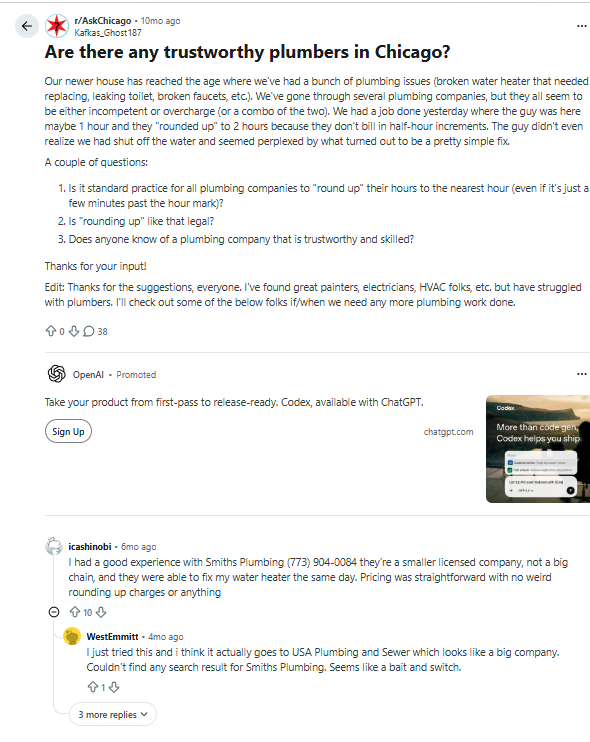 A Reddit post axsking about Chicago plumbers with responses.