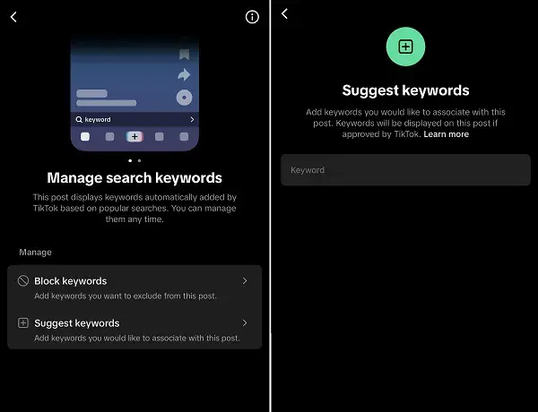 Managing search keywords in the TikTok interface.