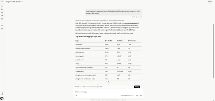 An AI assistant conversation (Claude or Cursor) where the user asks a competitive research question and the assistant returns live Ubersuggest data, such as keyword difficulty scores or domain traffic.