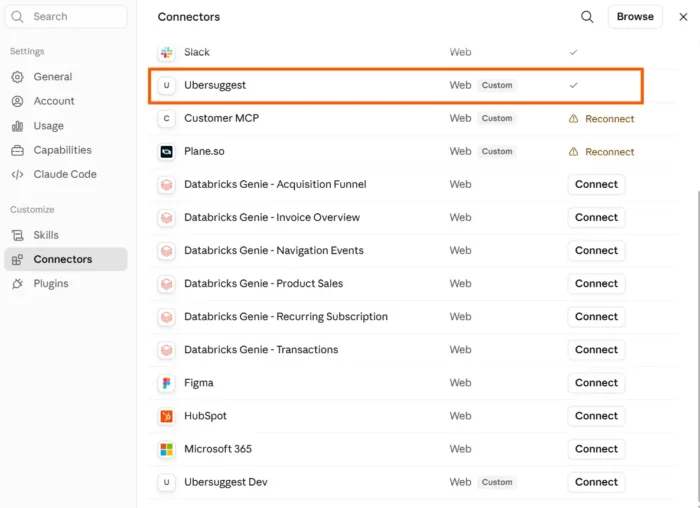 The Claude Settings > Connectors screen with the Ubersuggest MCP connector added and authenticated (green connected state).