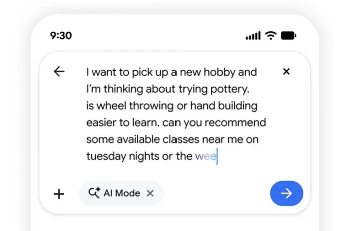A screenshot of the new AI Search interface announced at Google IO. The text reads, “I want to pick up a new hobby and I’m thinking about trying pottery. Is wheel throwing or hand building easier to learn. Can you recommend some available classes near me on Tuesday nights or the wee…”