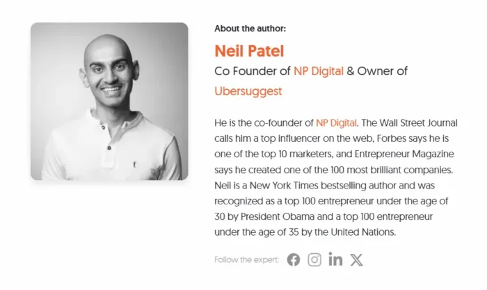 Screenshot of Neil Patel’s author bio from his blog, showcasing the elements of a good guest posting author bio.