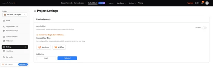 Project Settings in AnswerThePublic.