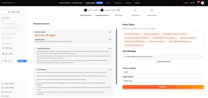 A completed Business Summary profile page, with the business name, target customers, key features, and topic focus areas visible.