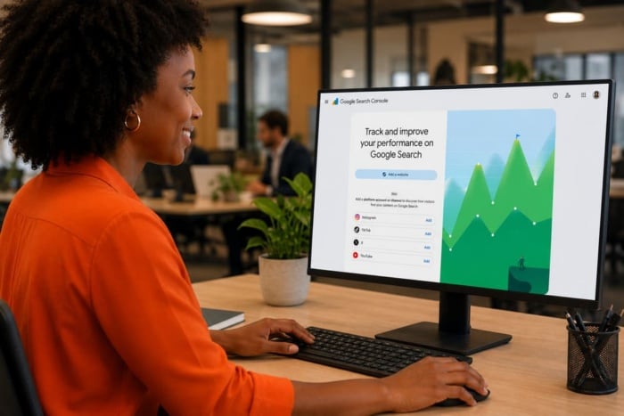 Em um ambiente corporativo, mulher negra sorri enquanto utiliza um computador para analisar as novas propriedades de plataforma no Google Search Console. Na tela, a interface exibe a opção de adicionar plataformas como Instagram, TikTok, X e YouTube para acompanhar o desempenho dos conteúdos exibidos na Pesquisa Google.