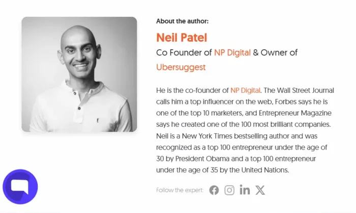 An example of a good author bio that provides a clear picture, in-depth description, as well as links to get in contact with the author at all their social platforms.  