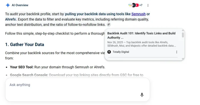  A Google AI Overview for the query “How do I audit my backlink profile,” returning a citation and directly answering the question. 
