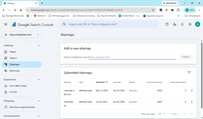 A screenshot of Google Search Console showing two sitemaps that were successfully discovered 