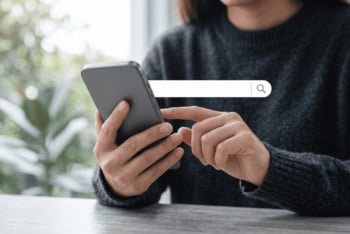 Pessoa usando um smartphone com uma barra de busca sobreposta à imagem. A cena representa o uso cotidiano da busca em ambientes digitais e reforça a ideia de que a descoberta de marcas acontece cada vez mais pelo celular.