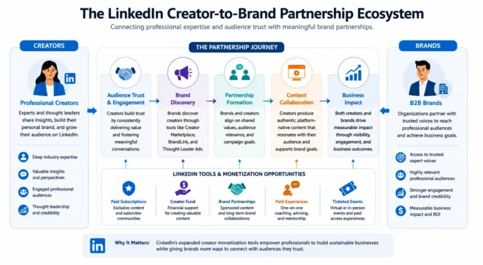 A graphic explaining the LinkedIn creator to brand partnership program.