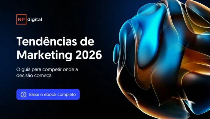 Capa do ebook "Tendências de Marketing 2026" da NP Digital, com botão para baixar o material completo.
