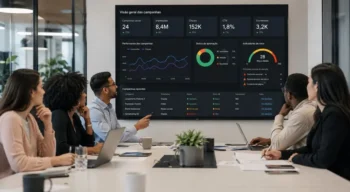 Equipe diversa reunida em uma sala de reunião moderna analisa um dashboard com campanhas digitais, indicadores de risco, métricas de desempenho e aprovações de anúncios para avaliar brand safety da marca.