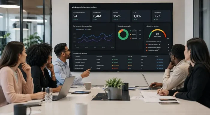 Equipe diversa reunida em uma sala de reunião moderna analisa um dashboard com campanhas digitais, indicadores de risco, métricas de desempenho e aprovações de anúncios para avaliar brand safety da marca.