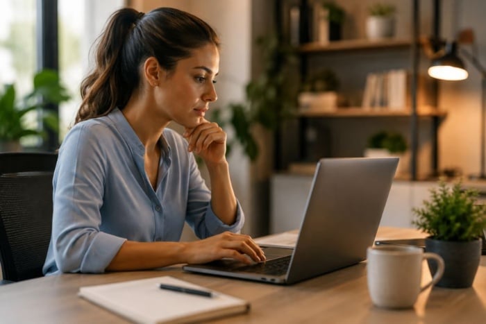 Profissional utiliza notebook para realizar uma busca generativa e pesquisar informações em um ambiente digital.
