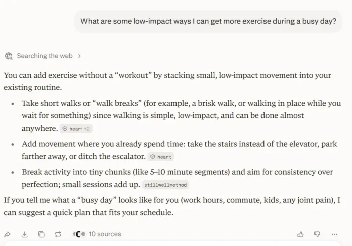 A sample Perplexity response for the question "what are some low impact ways I can get more exercise during a busy day?"